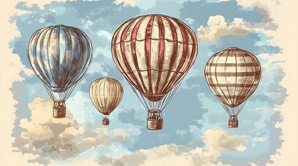 Playful Hand-Drawn Hot Air Balloons Floating in Whimsical Sky - Sketch Style Illustration of Colorful Balloons in the Air\