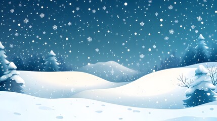 Snowy hills with scattered snowflakes falling against a vivid blue sky, cartoon vector scene with empty space for text.