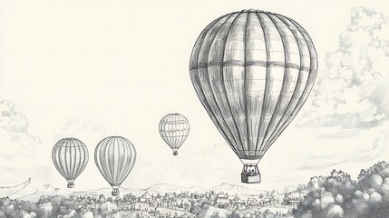 Whimsical Hand-Drawn Hot Air Balloon Festival: Playful Line Art Scene with Colorful Balloons in the Sky