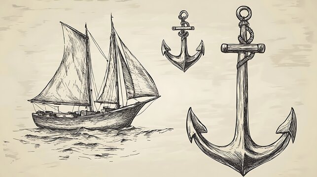 Nautical Nostalgia: Vintage Hand-drawn Sailing Boats and Anchors Ink Sketch.