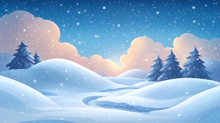 Winter cartoon landscape with snowdrifts, light snowfall, and a bright blue sky, designed for use as wallpaper with copy space.