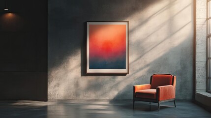 A mockup of a framed art print hanging on a gallery wall, with a minimalist spotlight highlighting the design