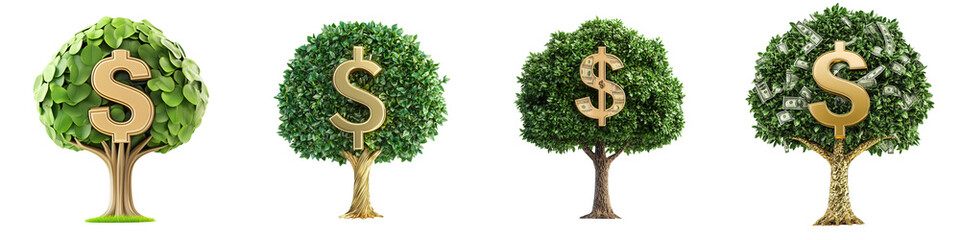 A creative representation of money trees, symbolizing wealth growth and financial prosperity in an innovative and artistic way. isolated on a transparent background