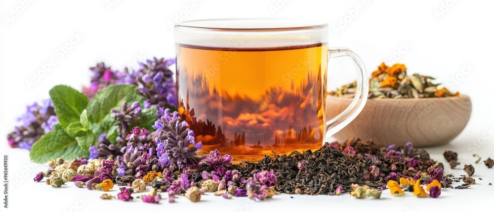 Wall mural refreshing cup of herbal tea surrounded by colorful flowers and herbs, ideal for relaxation and well