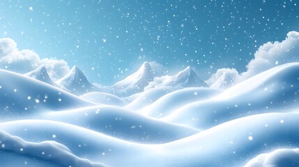Snowy hills under a bright blue sky with gentle falling snow, cartoon design with open space for text or graphic elements.