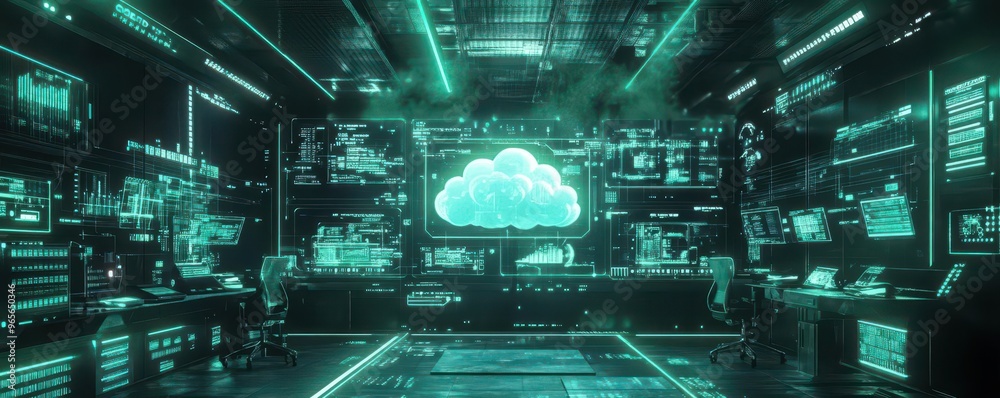 Poster AI visualizing cloud data analytics through holographic screens, futuristic digital workspace, neon green and black theme