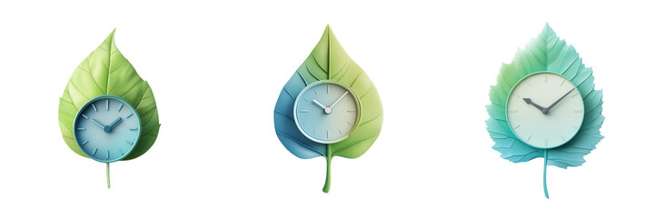 Stylish leaf designs featuring clocks, blending nature with time, ideal for eco-friendly or time management themes. isolated on a transparent background