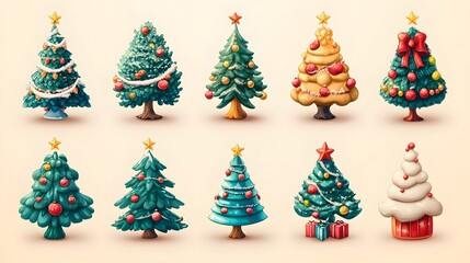 Fototapeta premium Cartoon 3D icons collection of Christmas trees, stars, and festive gifts, bringing a joyful holiday atmosphere to the design.
