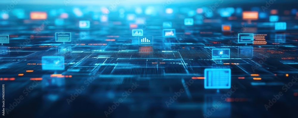 Poster a vast digital ocean of data, with islands representing different innovative software projects risin