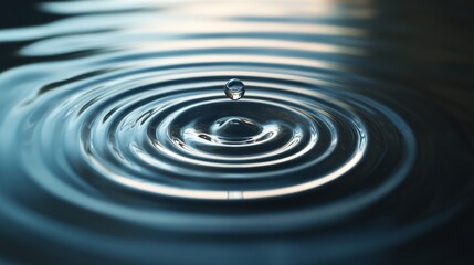 Water droplet creating ripples on a calm surface, serene moment in nature. Tranquility and simplicity concept
