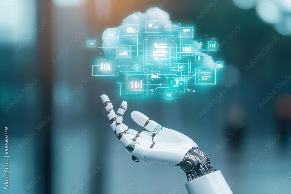 Leinwandbilder A sleek robotic hand interacting with a cloud of floating data symbols, representing software innovation and AI integration