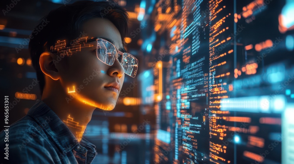 Poster A scene of a software engineer working inside a digital environment, connecting different technology platforms through glowing streams of code