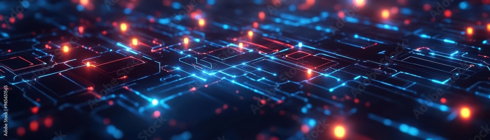 Aufkleber A network of interconnected holographic data nodes, with glowing circuits linking each node, floating in a digital grid, futuristic 3D rendering