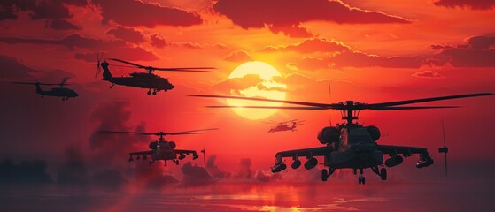 Seven military helicopters fly in formation at dusk, against a colorful sky with a setting sun. Unity, strength, and coordination are evident as they move in a triangular formation.