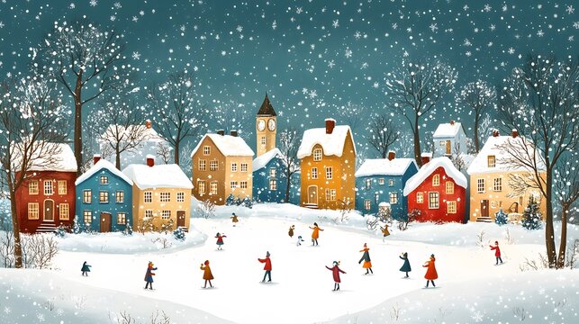 Winter village landscape featuring snow people ice skating in the park, surrounded by snow-covered houses, designed in seamless cartoon style.