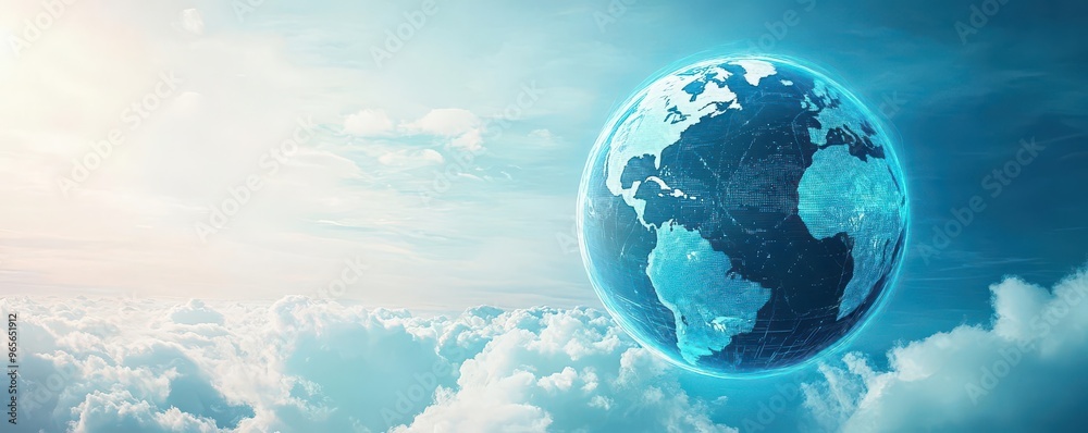 Poster A holographic globe floating in the sky, representing global cloud integration and the flow of information between continents