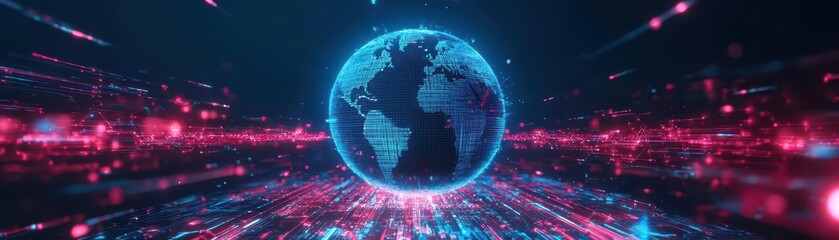 A holographic globe surrounded by floating digital data streams, representing global AIpowered data integration, set in a glowing cyber environment