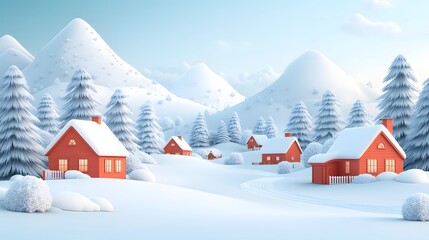 Naklejka premium Winter village with cozy cottages, snow-laden trees, and a peaceful mountain backdrop, 3D cartoon style, vector illustration.