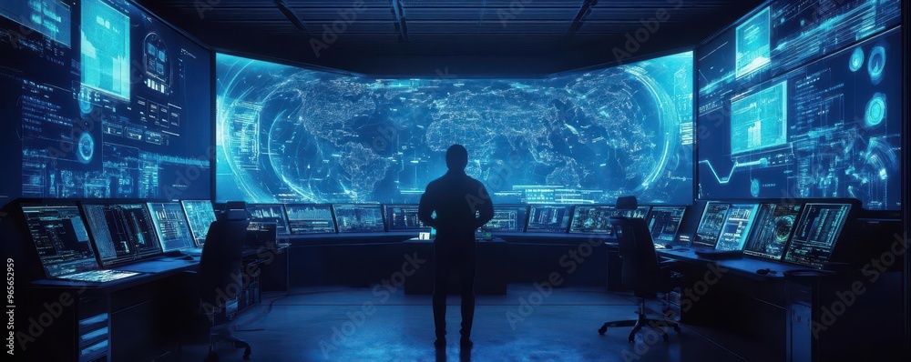Poster A futuristic control room with field engineers remotely monitoring safety protocols via holograms, deep blue hues, neon, sharp focus