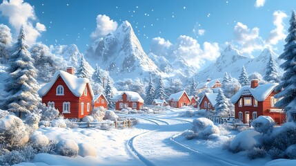 Naklejka premium Winter village with charming homes, frosted pines, and a snow-capped mountain backdrop, designed in a 3D cartoon style.