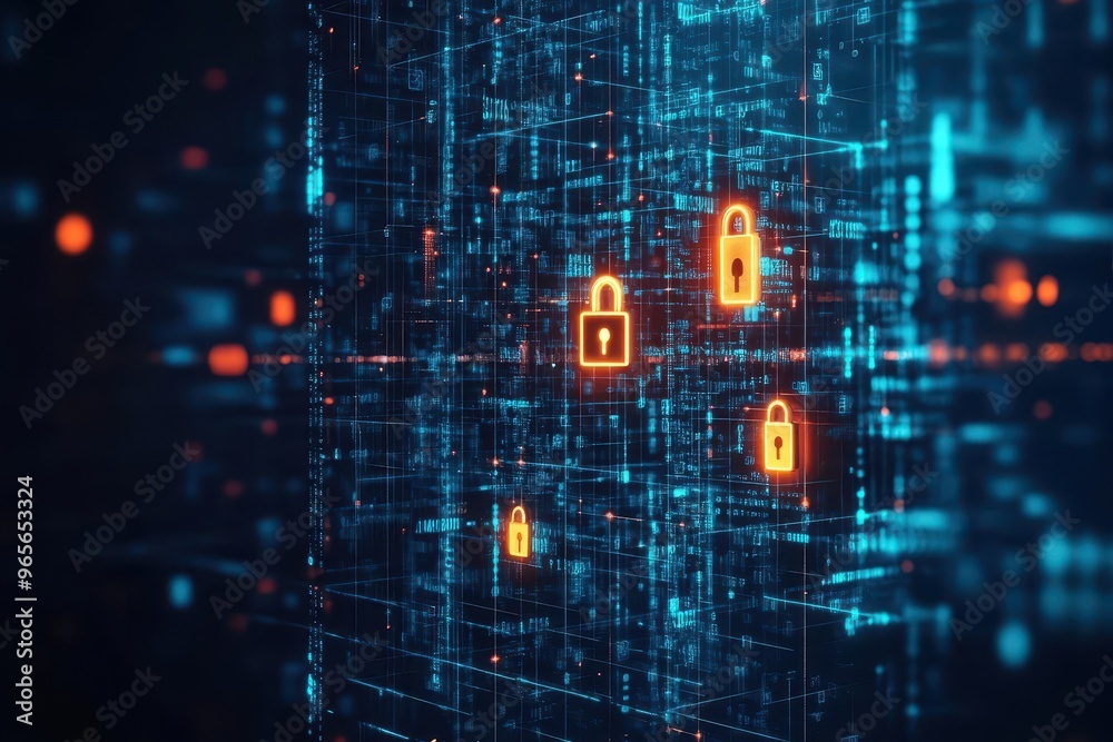 Aufkleber A digital data vault, where glowing locks and keys float in space, representing the security and innovation behind modern data encryption software