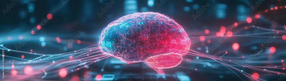 Poster A digital AI brain surrounded by holographic data patterns, glowing neural connections representing integration of human and machine intelligence, futuristic 3D