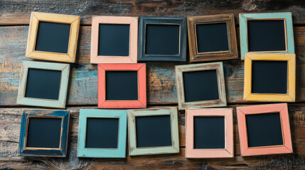 A set of empty photo frames, designed to look like real polaroids, arranged in a collage.  These frames are perfect for adding your own pictures and creating a scrapbook-style design.