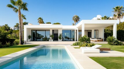 Fototapeta premium Modern Villa with Swimming Pool and Lush Greenery