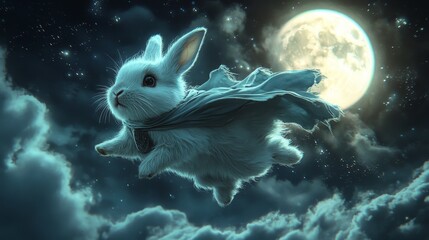 Obraz premium Extreme longest shot of Rabbit in a superhero cape soaring through a moonlit sky, [superhero rabbit], [cute Halloween pet]