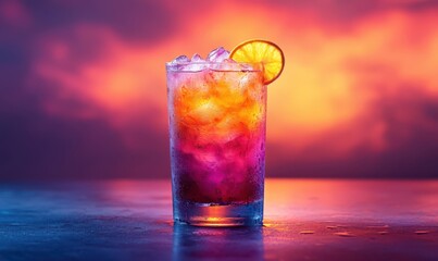 Vibrant cocktail with ice and a citrus slice, set against a stunning colorful background, perfect for summer refreshment themes.