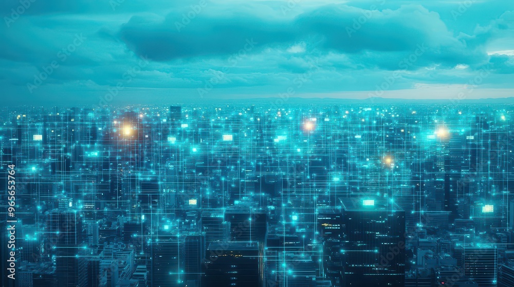 Poster a bustling metropolis where buildings are interconnected with glowing digital cloud networks, blendi