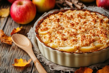 A rustic table setting featuring Apple Betty in a ceramic dish, with a wooden spoon ready to serve, the golden-brown topping contrasting with the soft apples beneath