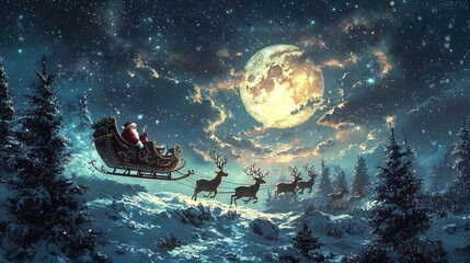 Fototapeta premium A magical depiction of Santa Claus riding his sleigh pulled by reindeer beneath a full moon in a snowy forest, capturing the essence of a festive night.