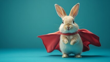 Cutie of Rabbit dressed as a superhero with a flowing cape, [superhero rabbit], [cute Halloween pet costume], halloween theme