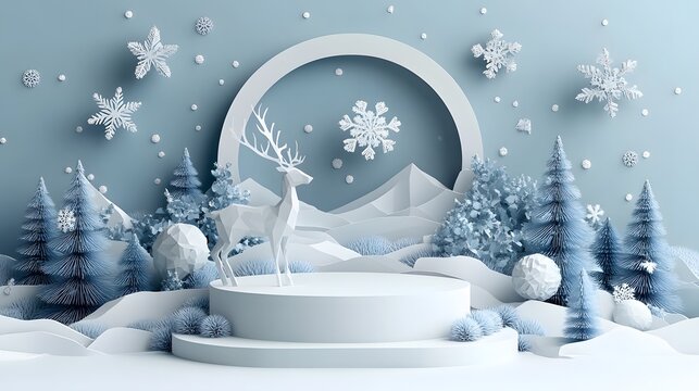 Christmas winter product display with white podium, reindeer, geometric shapes, and snowflakes, 3D vector in paper art style.