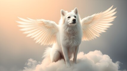 A joyful dog with angel wings and a halo, surrounded by fluffy clouds, embodying bliss and playful spirit.