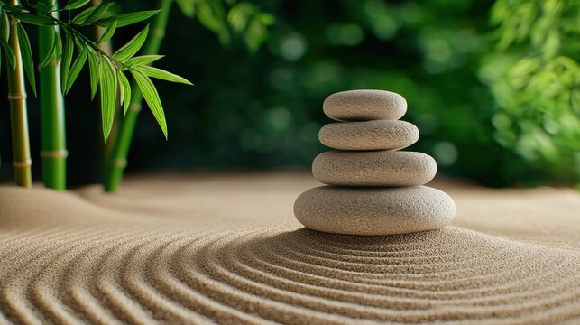 A serene arrangement of stacked stones on smooth sand, surrounded by lush greenery, embodying tranquility and balance.