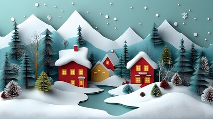 Merry Christmas winter scene, a quiet town surrounded by snowy woods, with warm homes and pine trees in 3D paper art cut.