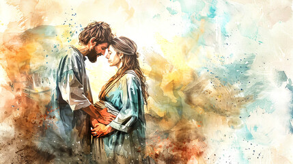 Mary holds her pregnant belly while Joseph tenderly embraces her, sharing a moment of love and anticipation before their great journey ahead