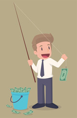 Businessman Catching Money With Fishing Rod. Business Concept Cartoon Illustration Vector.