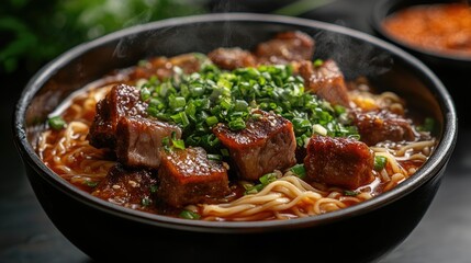 Fototapeta premium Steaming bowl of noodles topped with beef and green onions