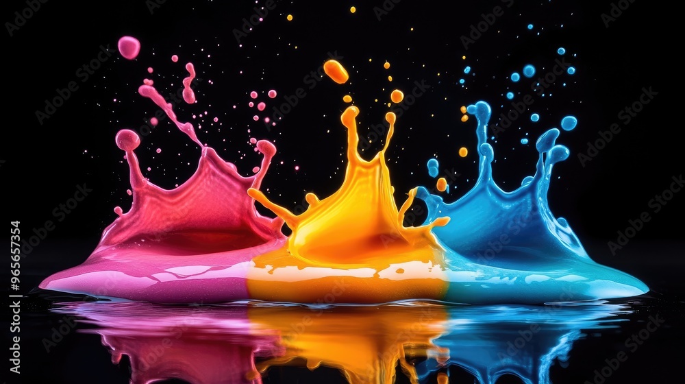 Poster Colorful paint splashing on black background creating graphic design element