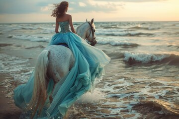 A woman in a blue long dress on a horse. A woman on a white horse against background of sea waves. Ocean