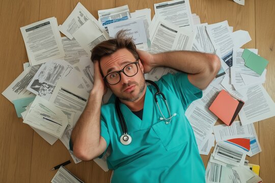 A frustrated doctor in scrubs lies on the floor surrounded by piles of paperwork, illustrating the stress of administrative tasks.
