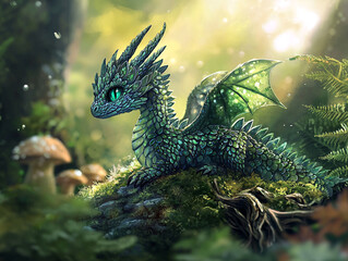 Close-up of a baby dragon in the forest