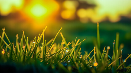 Peaceful lush green grass on meadow with drops of water dew in morning light in spring summer...