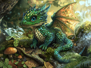 Obraz premium Close-up of a baby dragon in the forest