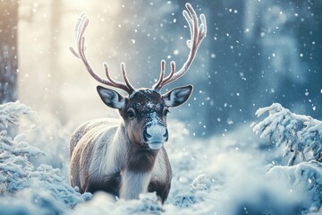 Beautiful reindeer standing in a snowy forest during winter