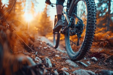 Cyclist riding mountain bike on autumn trail in mountains