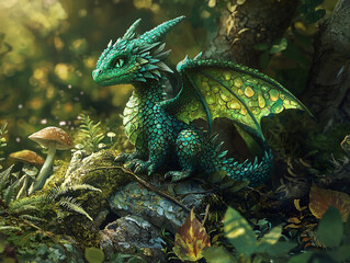 Obraz premium Close-up of a baby dragon in the forest